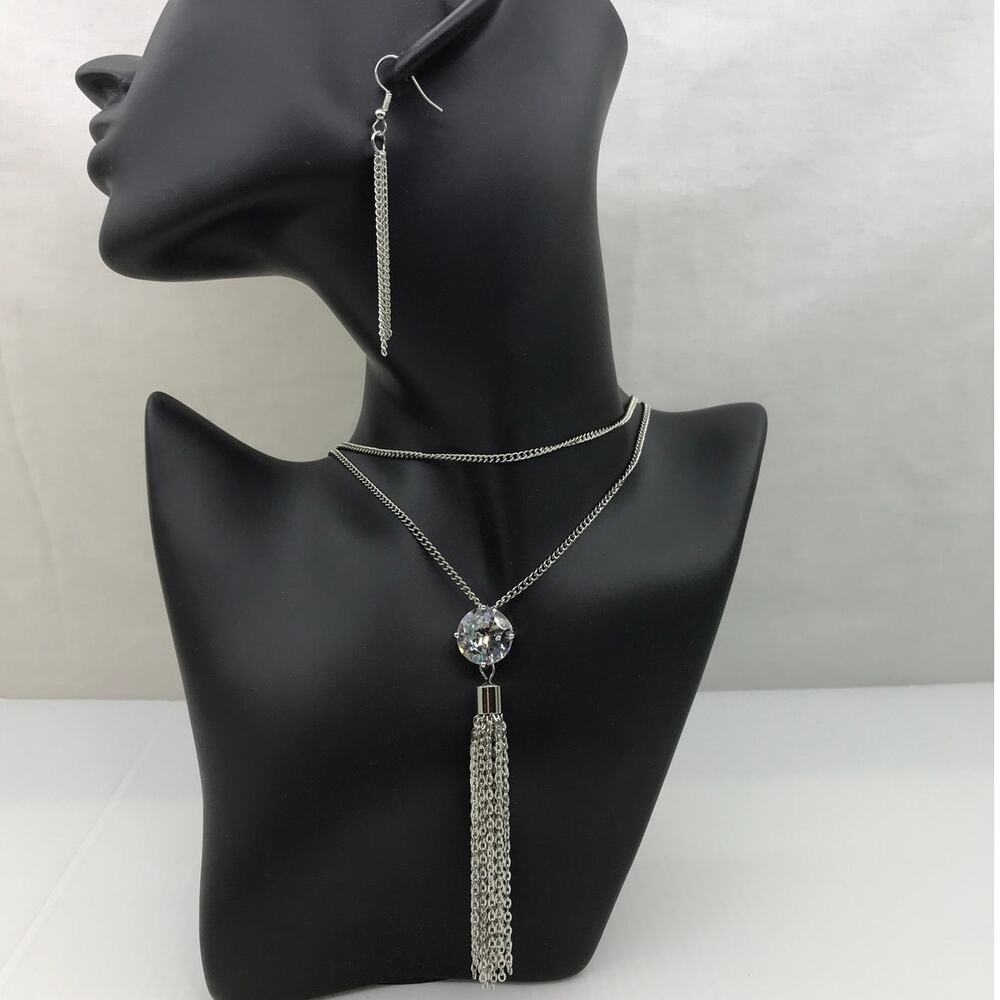 Y2K Glamour CZ Stone Silver-Tone Tassel Necklace Dangle Earring Set Boho